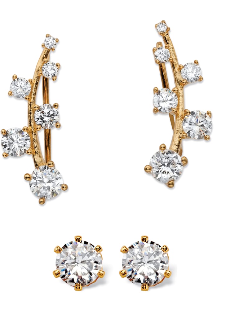 Front of a size One Size 2.22 TCW CZ 14k Gold-plated Sterling Silver Ear Climber and Stud Earrings Set in White by PalmBeach Jewelry. | dia_product_style_image_id:286097